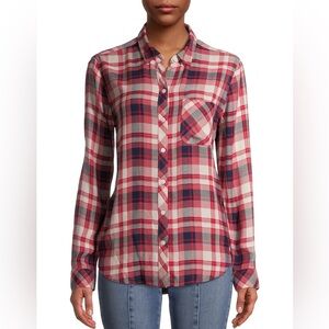 Time and Tru Red and White Plaid Button-Front Shirt size medium